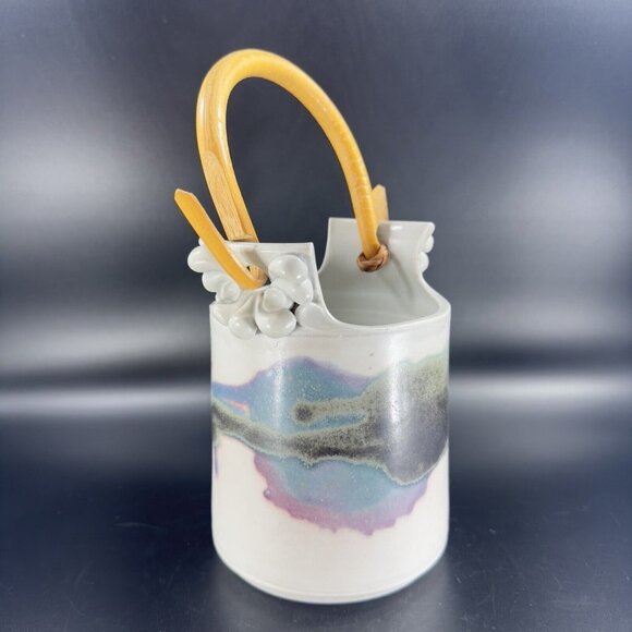 Studio Art Pottery Basket Vase With Wood Handle Artist Signed Ceramic Vintage - Picture 9 of 16